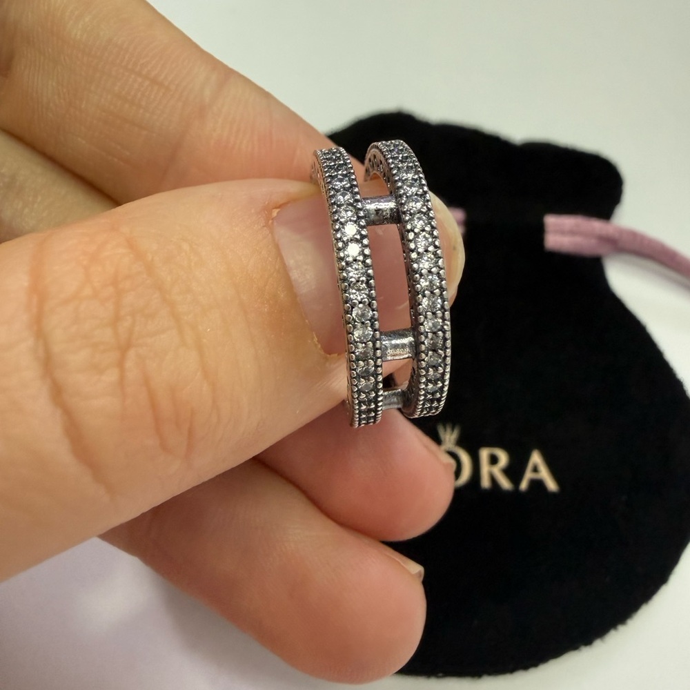 Pandora Silver Double Band Ring with Clear Cubic Stones - Picture 4 of 7